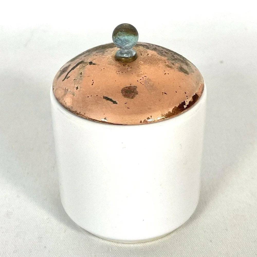 Vintage‎ White Ceramic Mini Canister Copper Lid Rustic Farmhouse Decor
